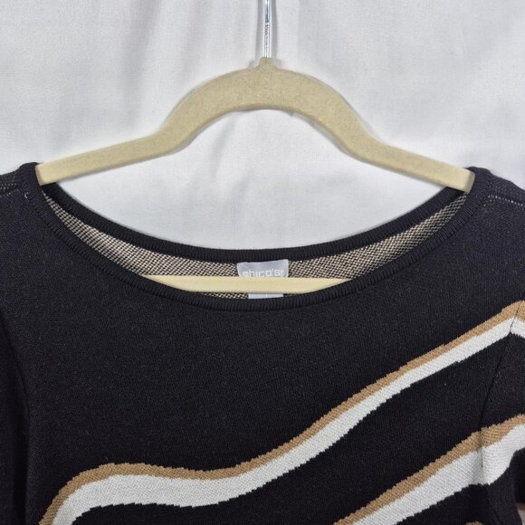 Chicos Sweater Womens M Black Brown Knit Pullover Tunic Length 3/4 Sleeve Top - Picture 4 of 7